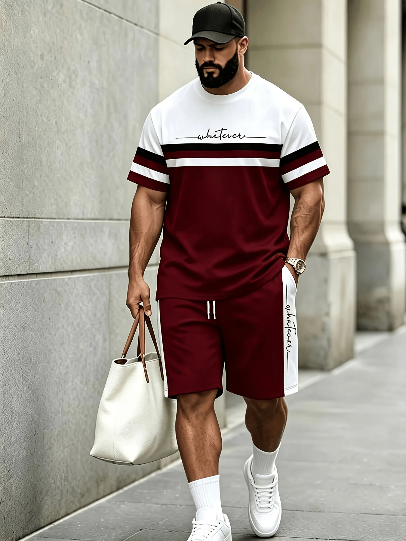 Plus-size Casual Men's Suit Clothing Men's Striped Printed T-shirt and Shorts 2-piece Set Breathable Loose Men's Matching Set - view 3