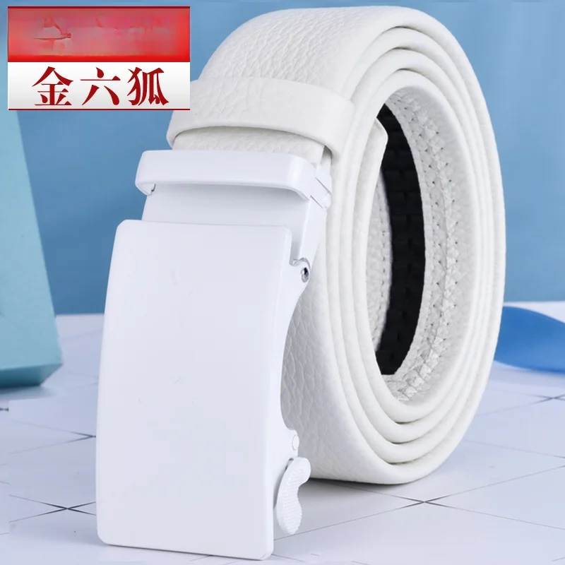 ゴールドシックスフォックスホワイト自動バックルトップレイヤー牛革ベルト、若い男性向けカジュアルでおしゃれなジーンズ用レザーウエストベルト