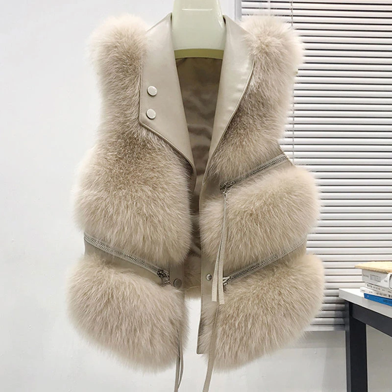 2023 New Women Winter Faux Fur Vest Coat Split Joint Imitation Fox Shortie Overcoat Lazy Breeze Jacket Minimal Outwear