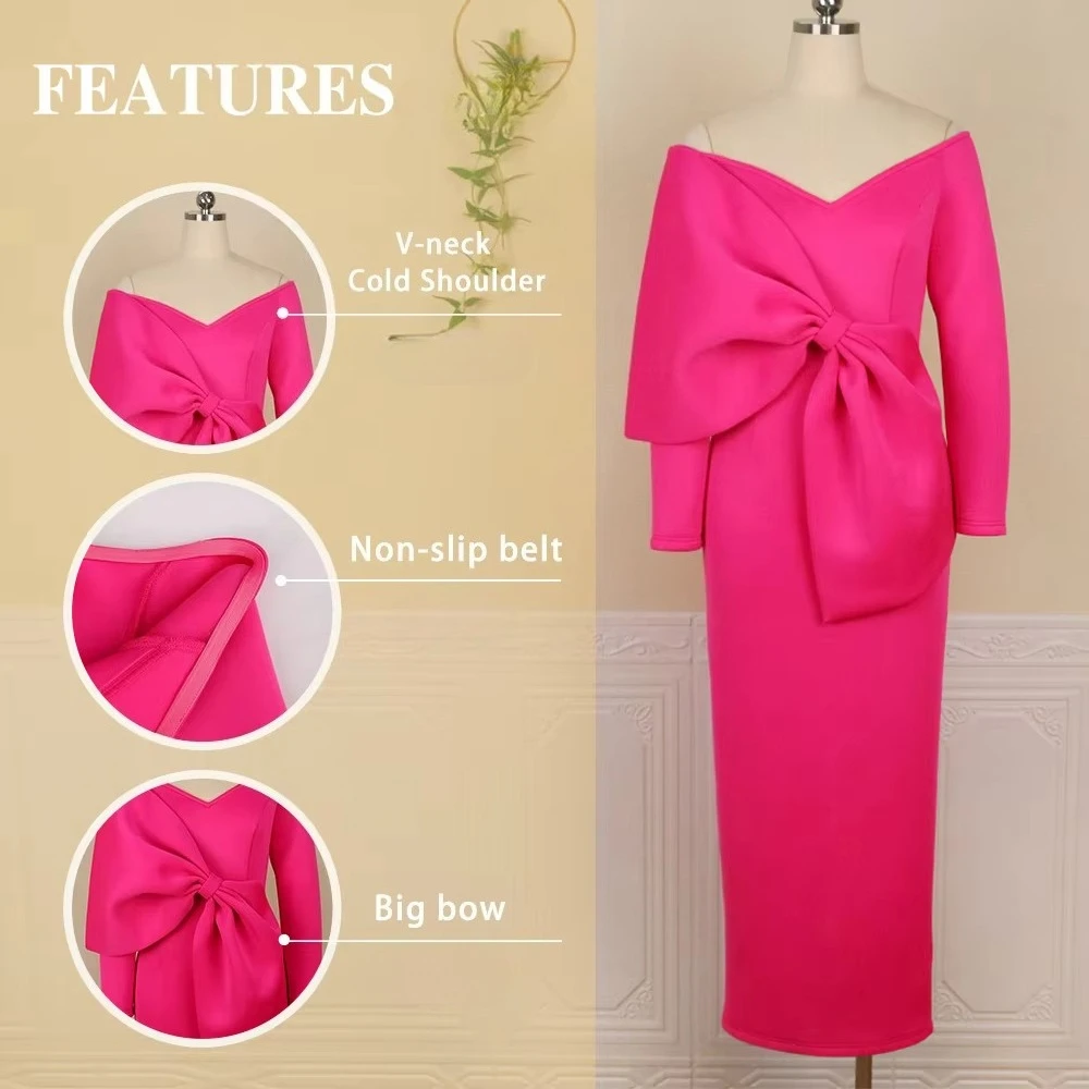 ชุดราตรีออกงานหรูหราสไตล์ลำลอง คอวี ไหล่เฉียง แต่งโบว์ ดีไซน์สวยหรู คุณภาพสูง สำหรับผู้หญิง รับตัดตามสั่ง