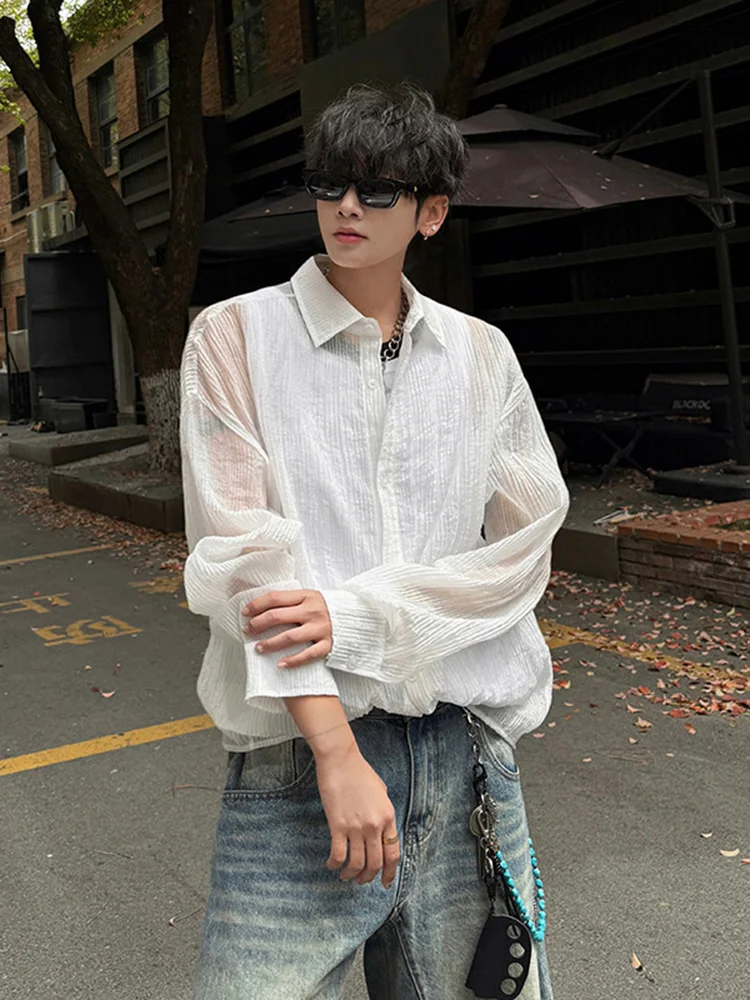 

Мужская рубашка из ледяного шелка с длинным рукавом, летняя, тонкая, дышащая, с охлаждающим эффектом, свободного кроя, повседневная, на пуговицах, классического цвета