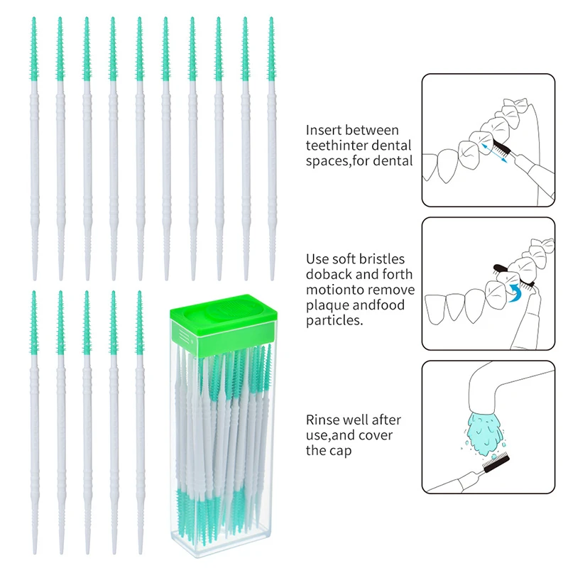 50pcs Double-end Interdental Brush Clean Between Teeth Extended Massage Disposable Silicone Toothpicks Brush