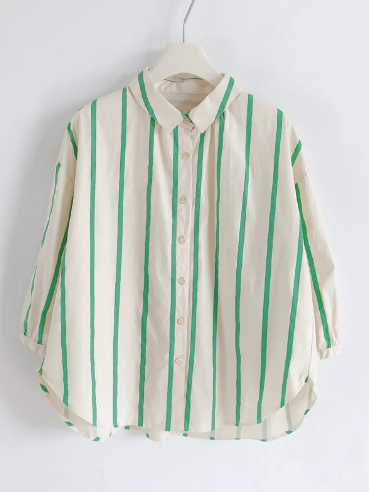 Summer New Sle Women's Casual Striped irt Loose Long Sve Sun Protection Faionable Anti-Aging Top Cotton Blend  C...