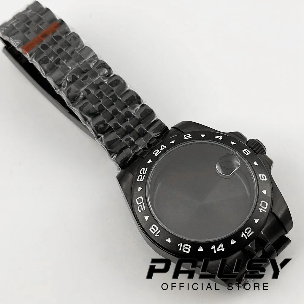 Nh35 40mm exp 24 horas gmt preto moldura fixa caixa de relógio sólido glide lock fecho vidro safira para nh34 nh35 nh36 eta2824 movimento