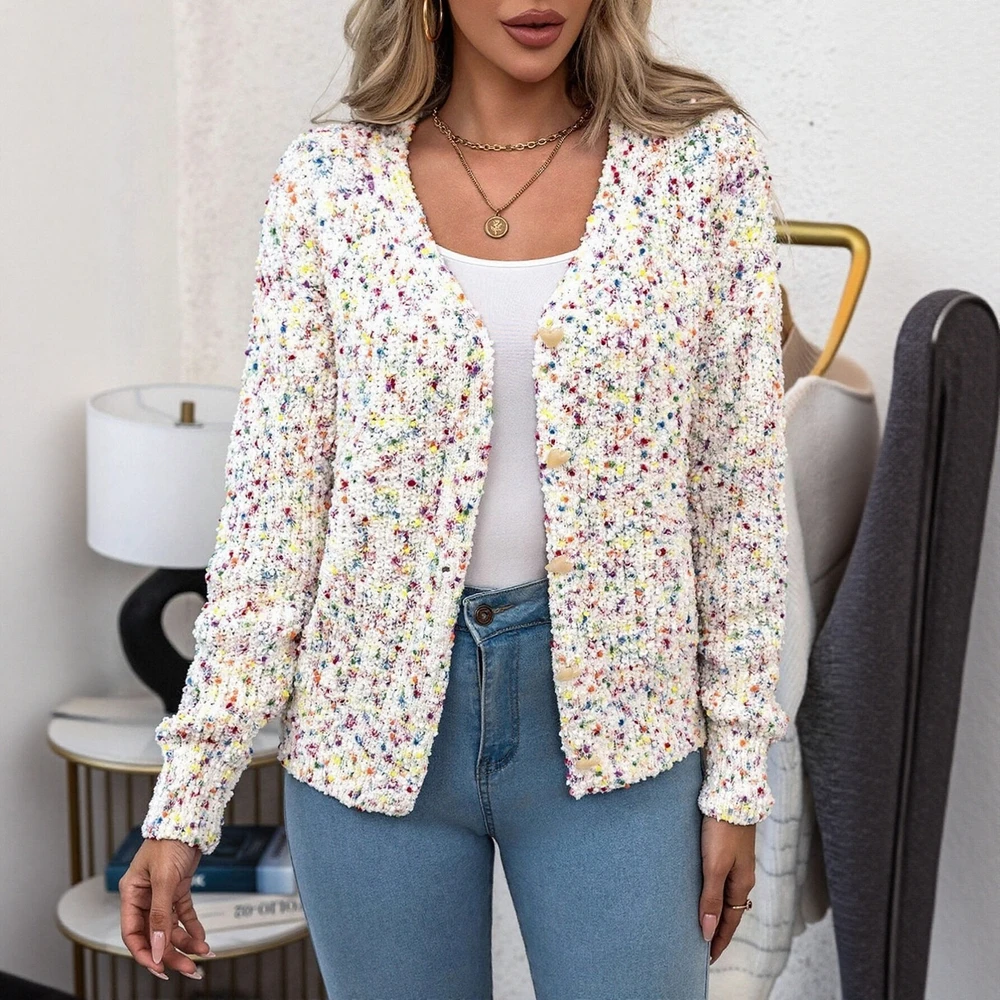 

Women's Slim Fit V-Neck Cardigan Long Sleeve Contrast Color Casual Open Front Knitwear for Autumn Fashion