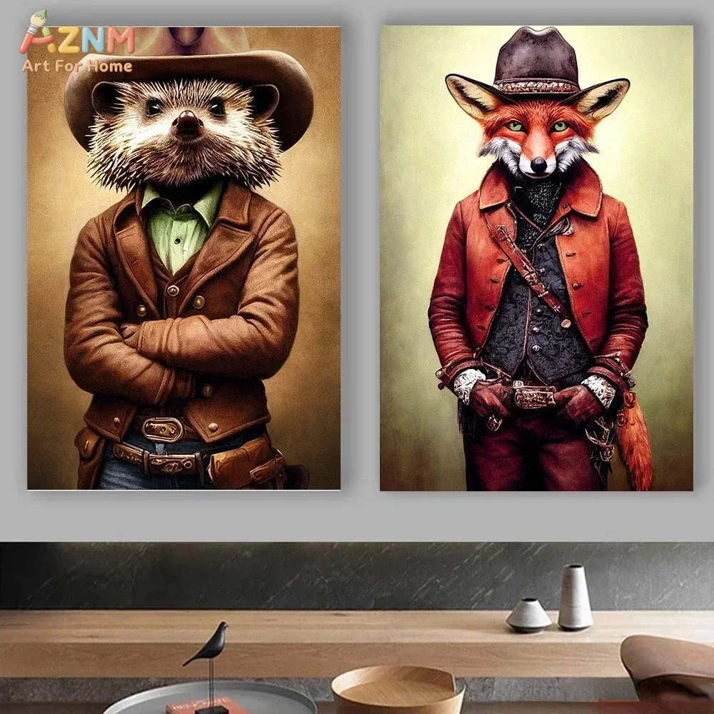 AZNM Steampunk Animal Canvas Wall Art Lion Tiger Cat Fox Astronaut Vintage Gear Clock Print Poster Kids Room Decor Unframed Pain