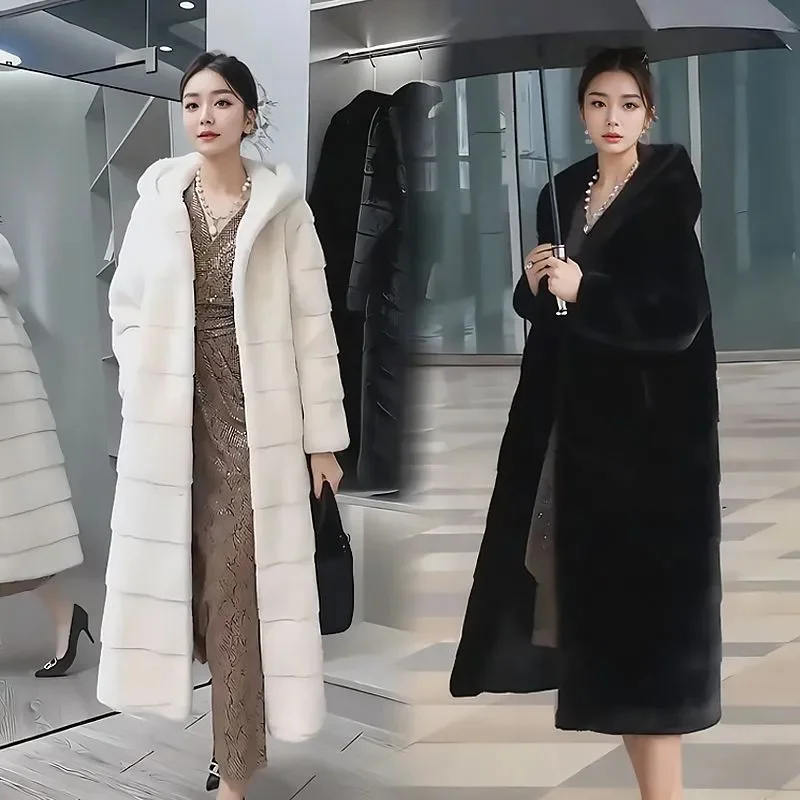 Winter Female Hooded Long Mink Fur Coat 2025 Ladies Large Size 5XL Faux Fur Jacket Middle Aged Mother Long Sleeves Plush Outwear