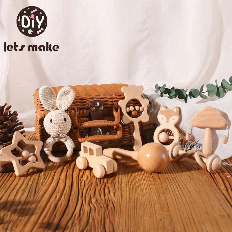 Baby Gift Animal Wooden Rattles Crochet Rabbit Set Silicone Food Plates Bowl Bib Cup Spoon Toy Feeding Supplies Newborn Birthday