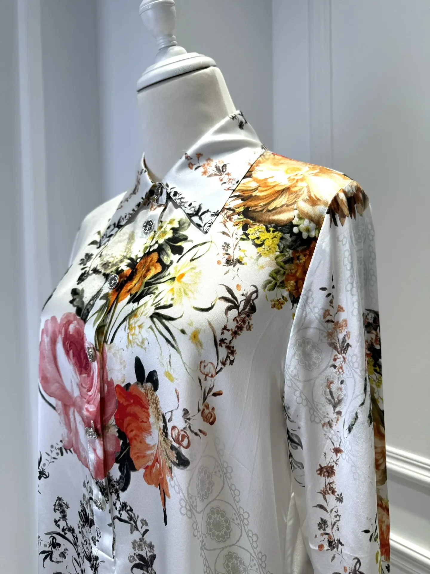 Women Feather Spliced Shirt Dress Floral Printed Turn-down Collar Single Breasted Long Sleeve Fashion Female Silk Mini Robe