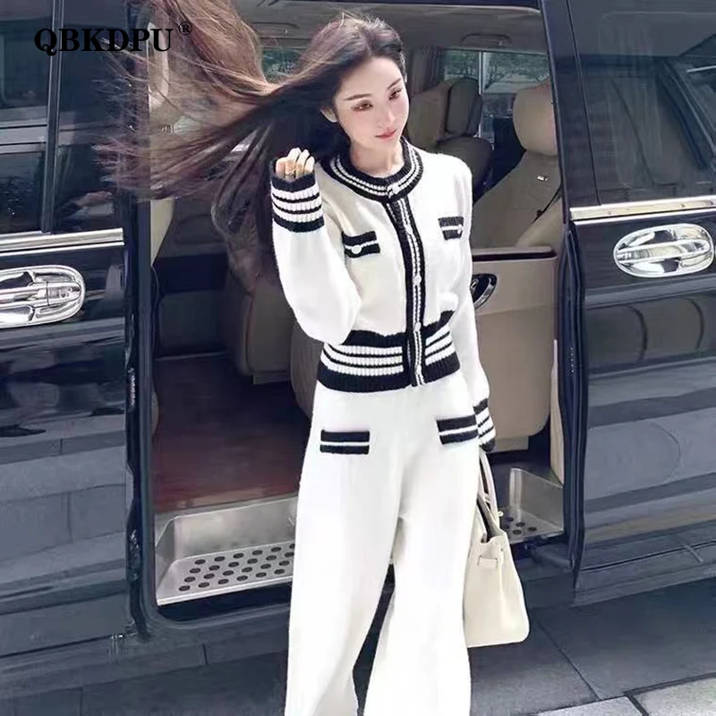 Elegant Knitted Suit Women Two Piece Set 2022 Spring Korean Sweater Cardigan And Fashion Wide Leg Pant Suit Chic Ladies Outfits