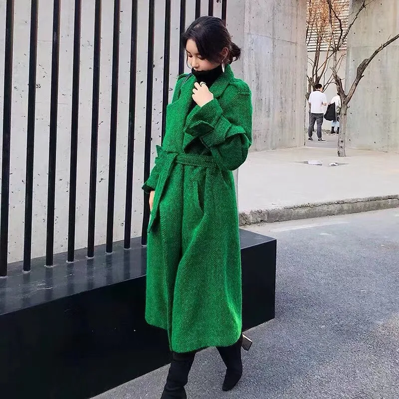 

2024 Tweed Wool Long Coat Women Korean Style Autumn Woolen Jacket Female Loose Outerwear Casaco Feminino