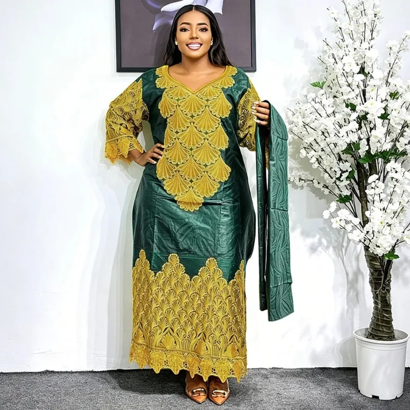 Übergröße Afrikanische Partykleider für Damen 2026 Neues Luxuriöses Bazin-Stickerei-Kleid Elegantes Türkisches Muslimisches Hochzeits-Abendkleid