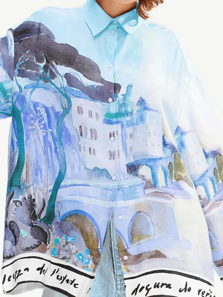 

Beach Vacation Pattern Printed Loose Tops Casual Women's Single Breasted Long Sleeved Shirts Elegant Lapel Satin Beach Blouses