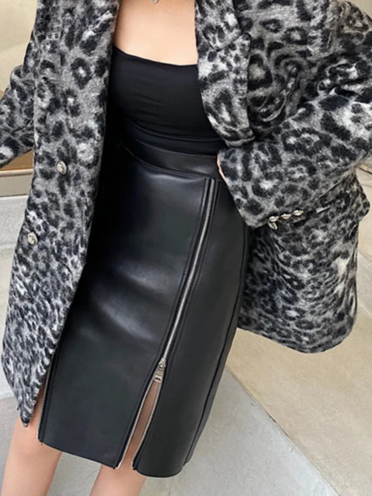 Women's Black Faux Leather Pencil Skirt High Waist Bodycon Midi Skirt with Double Side Zippers Night Club Party