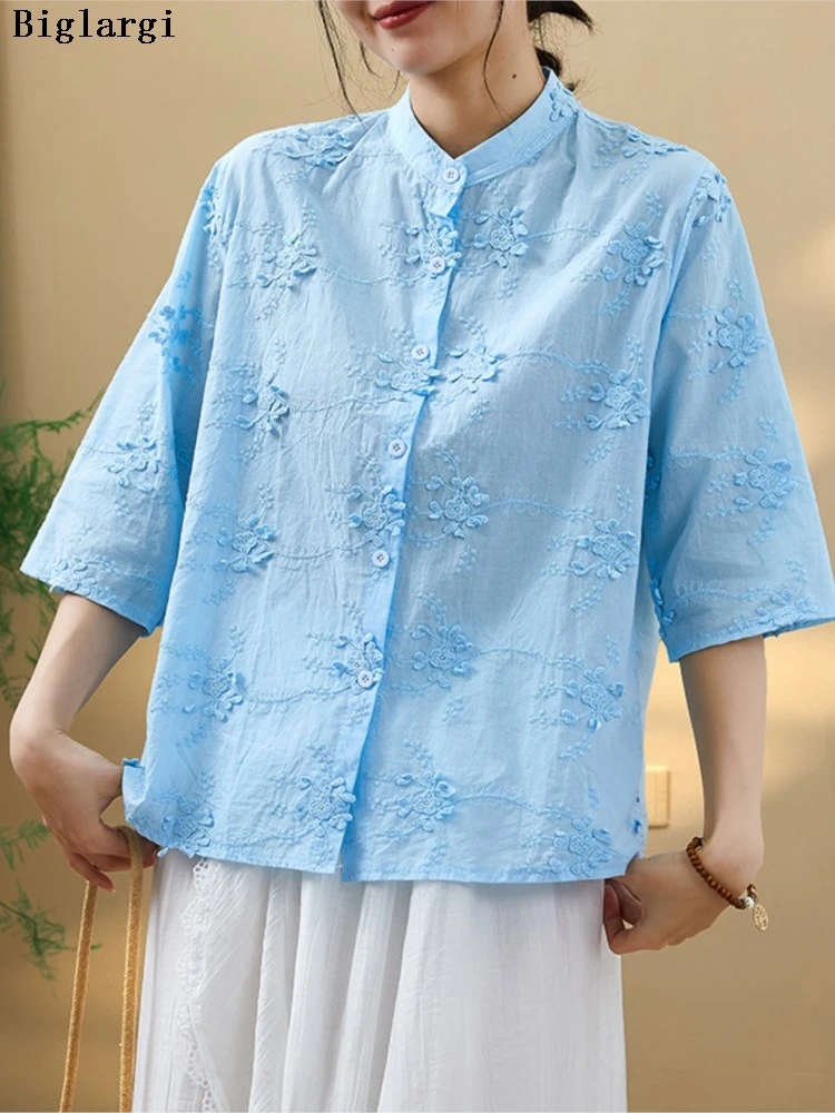 

Oversized Summer Shirts Women Flower Floral Embroidery Fashion Ladies Blouses Casual Loose Woman Shirt