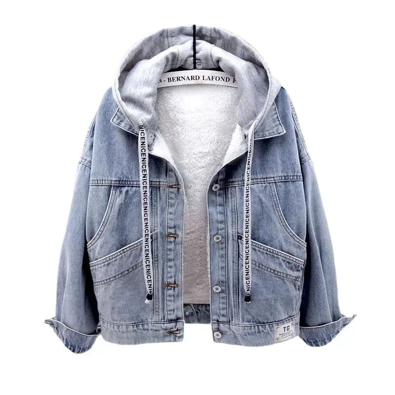 

Women's Denim Fleece Jacket Detachable Hooded Jean Coat Winter Coat Back diagonal buckle Winter Jackets Outerwear for Women