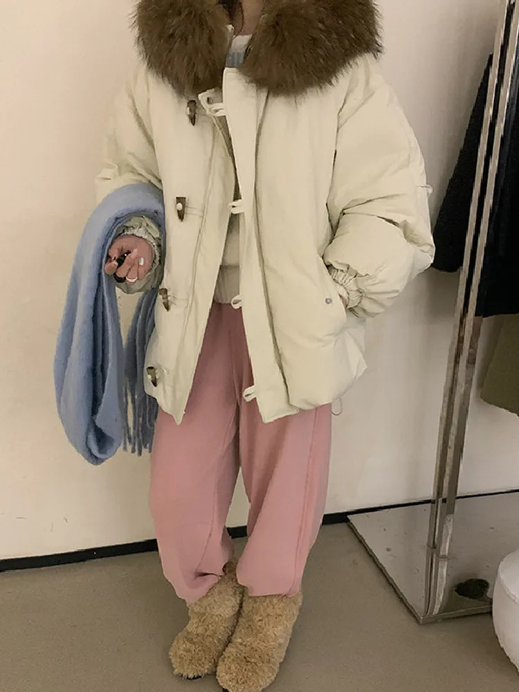 الرجعية الشتاء المرأة أسفل Jaet مقنعين الفراء طوق زر تصميم ثي الدافئة طويلة Sve منتصف طول معطف الأبيض Du أسفل