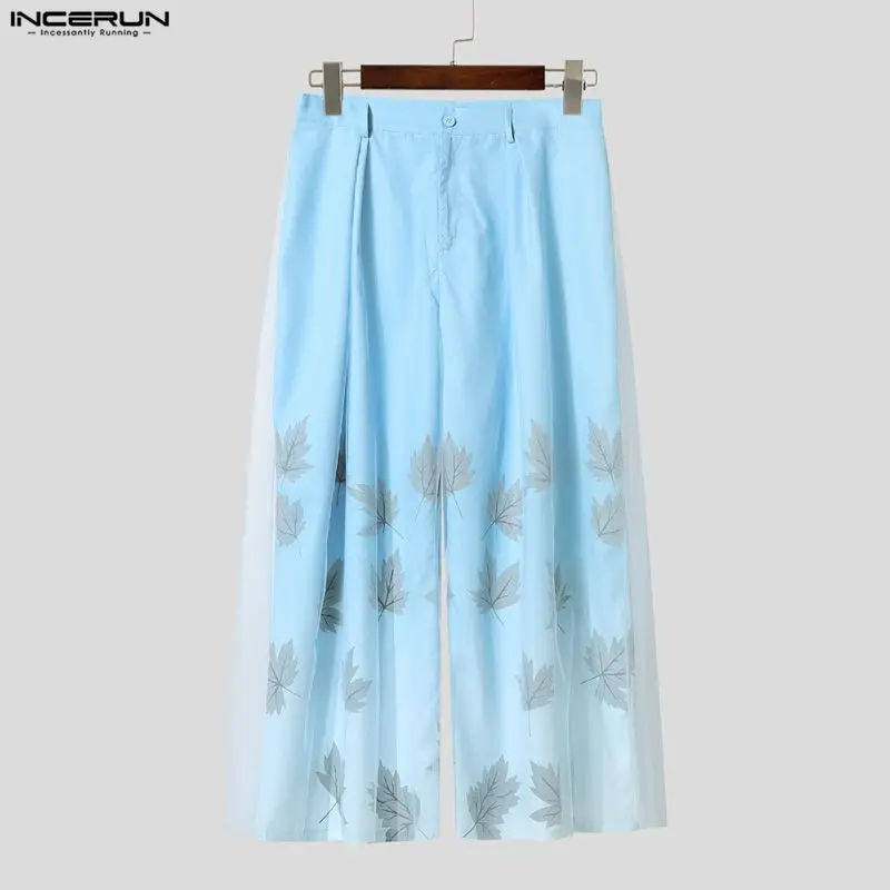 

INCERUN Men Pants Mesh Printing Patchwork Button Joggers Wide Leg Trousers Men Streetwear Loose Fashion Casual Long Pants S-5XL