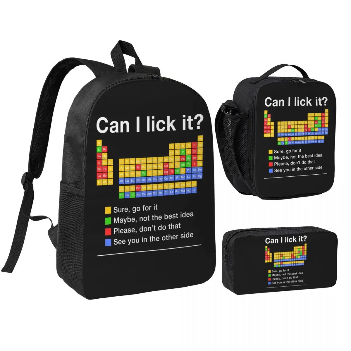 Can I Lick It Periodic Table Backpack Student BookBag School Bag Shoulder Bags 3ps Insulated Lunch Bag Pencil Case