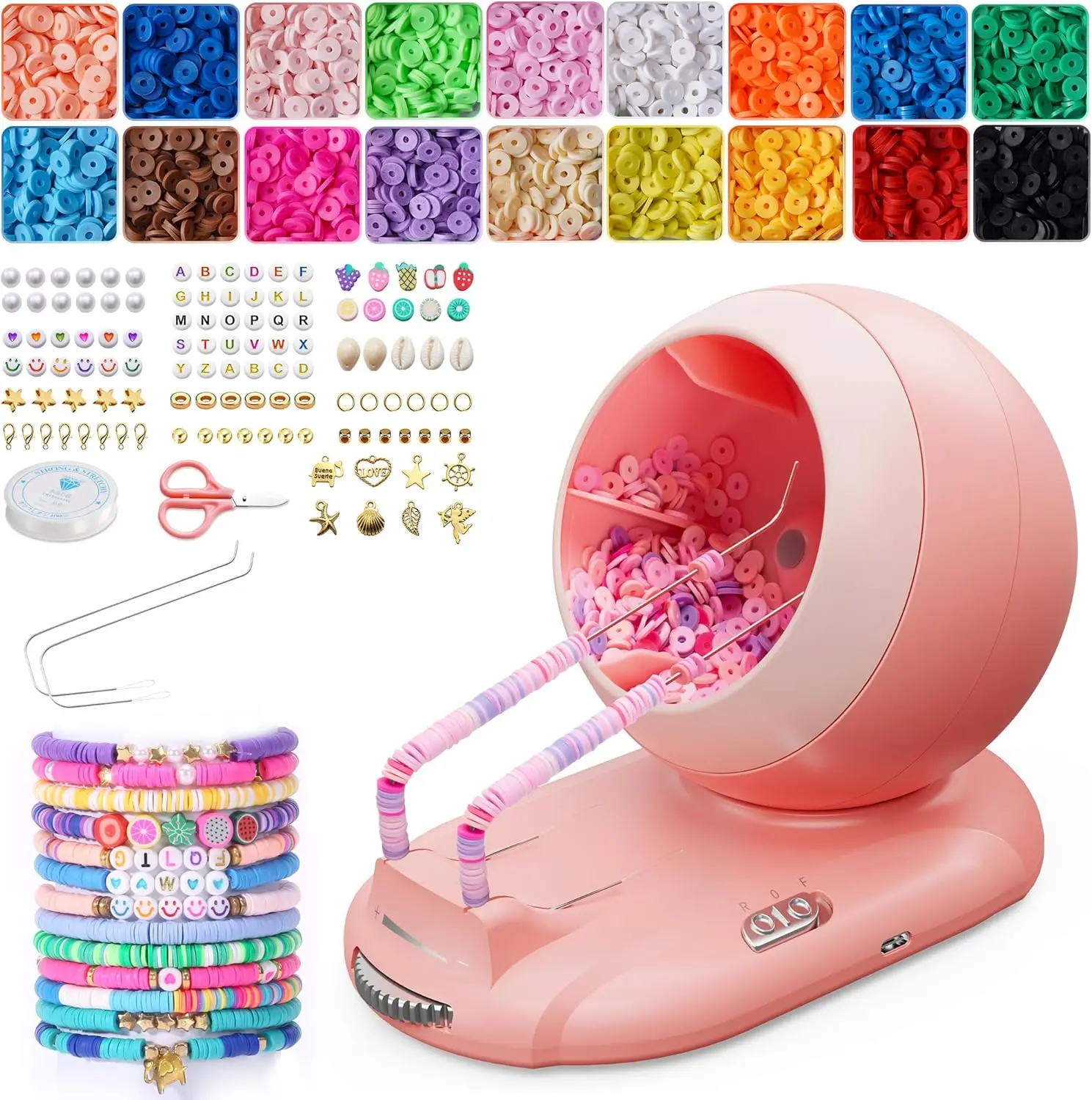 

Bead Spinner, Rechargeable Electric Clay Bead Spinner Kit for Bracelet Making, Beginner 4500PCS Clay Beads Kit with Dual Needles