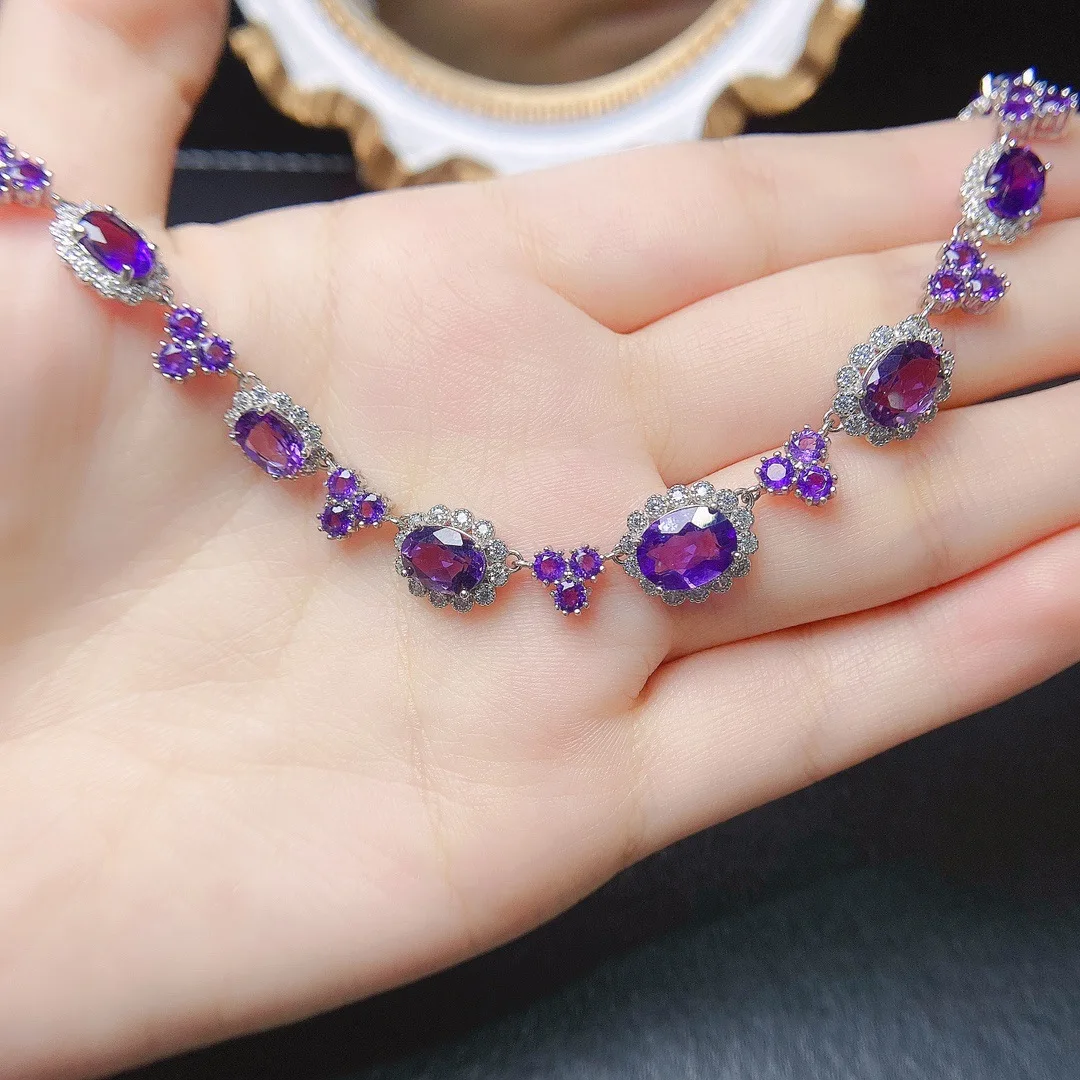 FS 4*6 Natural Amethyst Luxury Necklace S925 Sterling Silver Fine Fashion Charm Weddings Jewelry Gift for Women MeiBaPJ New