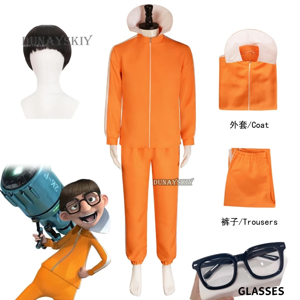 Movie Vector Costume Cosplay Orange Jakect Pant Glasses Outfits Set Mushroom-shaped  Wig Halloween Fancy Suit Party Suit