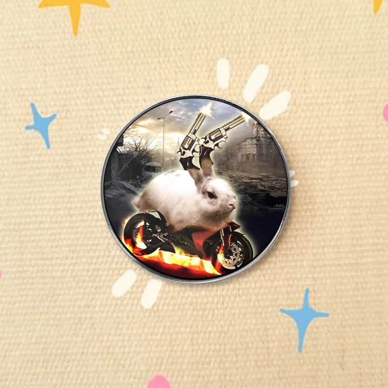 Funny Rabbit Riding Motorcycle UV Printing Pin Punk Rock Gun Wielding Bunny Brooch Animal Badge Gift For men