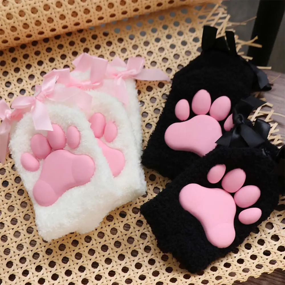 Kawaii Coral Velvet Cat Paw Socks Paw Pads Cold-proof 3D Cat Paw Socks Lolita Style Sleep Sock Bowknot Warm Socks Indoor