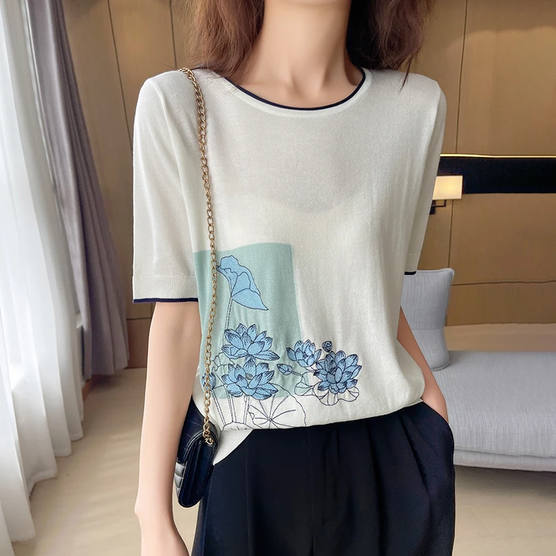 

Новая летняя футболка, женская свободная вязаная футболка с круглым вырезом, свитер из лиоцелла с короткими рукавами, жаккардовый топ с вышивкой, элитный модный пуловер