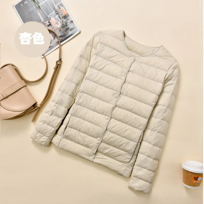 Herfst en winter Nieuw 2025, lichtgewicht donsjack voor dames, eenvoudig, modieus, elegant, woon-werkverkeer, binnenkant, ronde hals, V-hals, warme jas