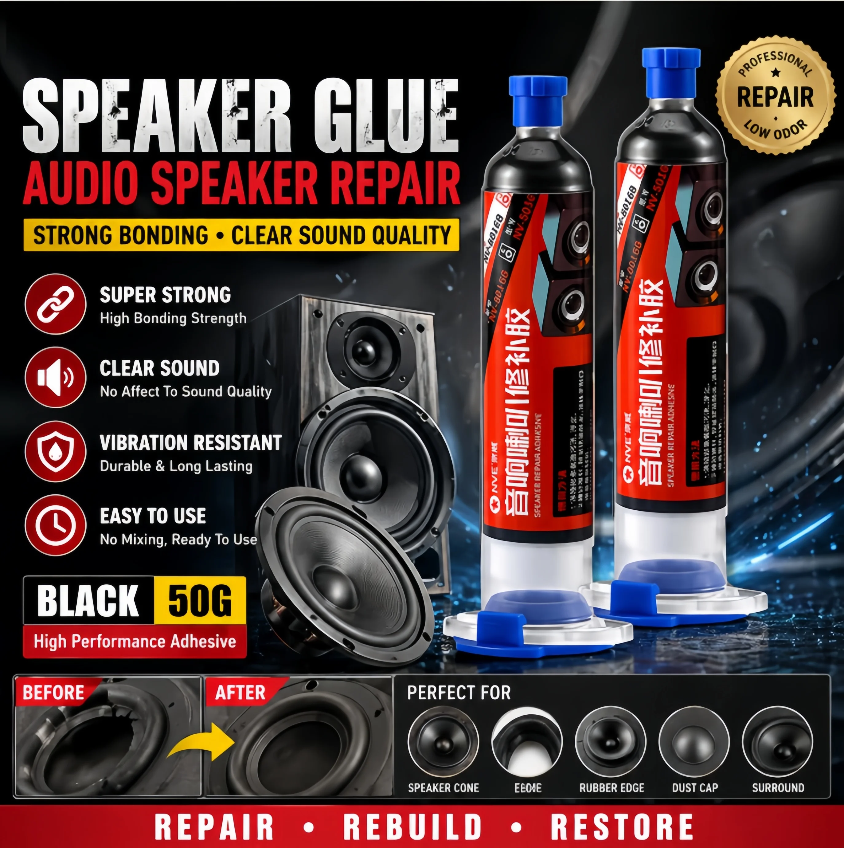Speaker Adhesive Glue for Repair Foam Surround Cone Voice Coil Subwoofer Rubber Edge Strong Flexible 50ML