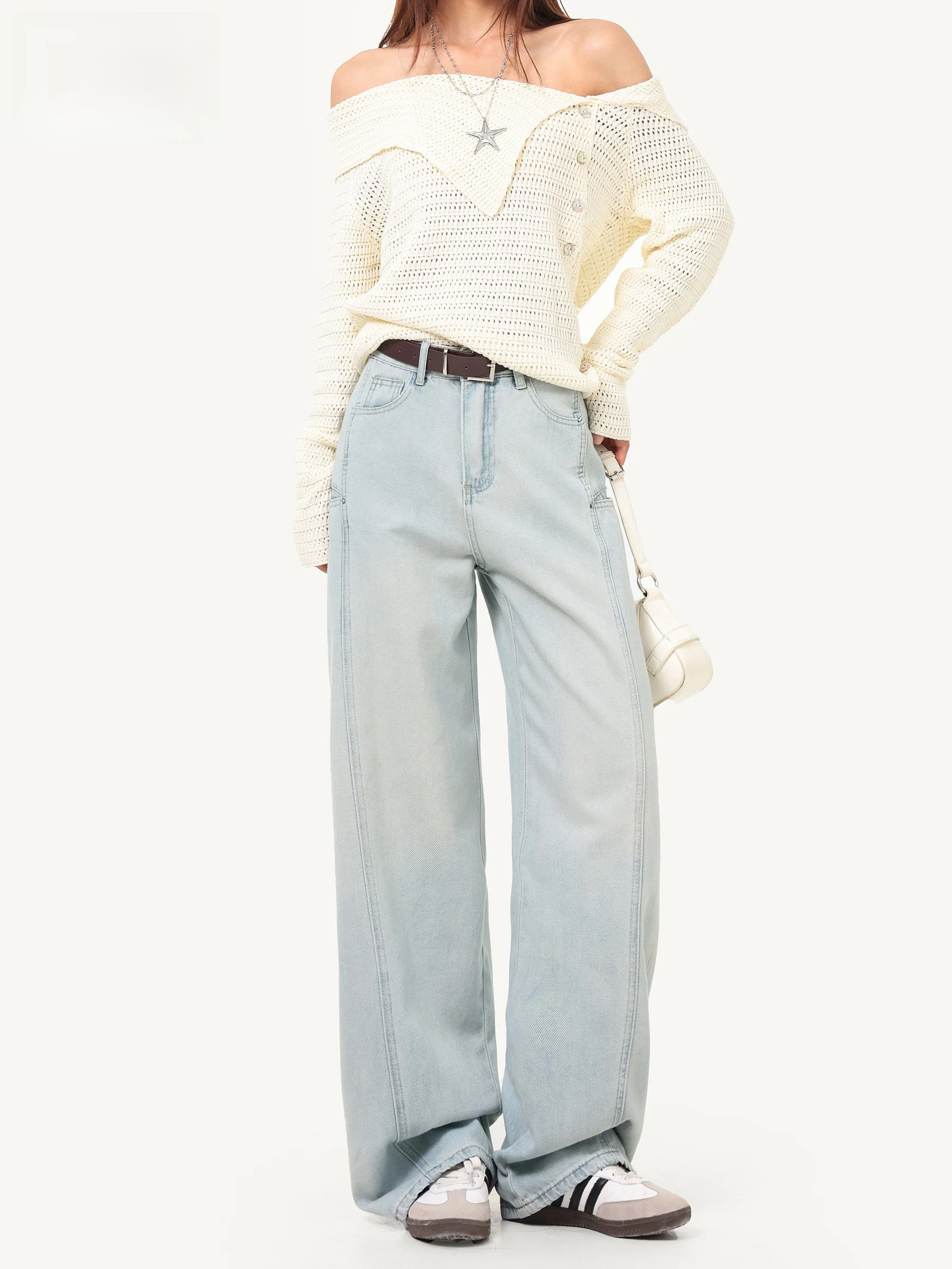 

Женские джинсы с высокой талией, широкими штанинами, синие, свободные, прямые, в пол, с карманами, осенняя новинка, повседневные, из хлопка