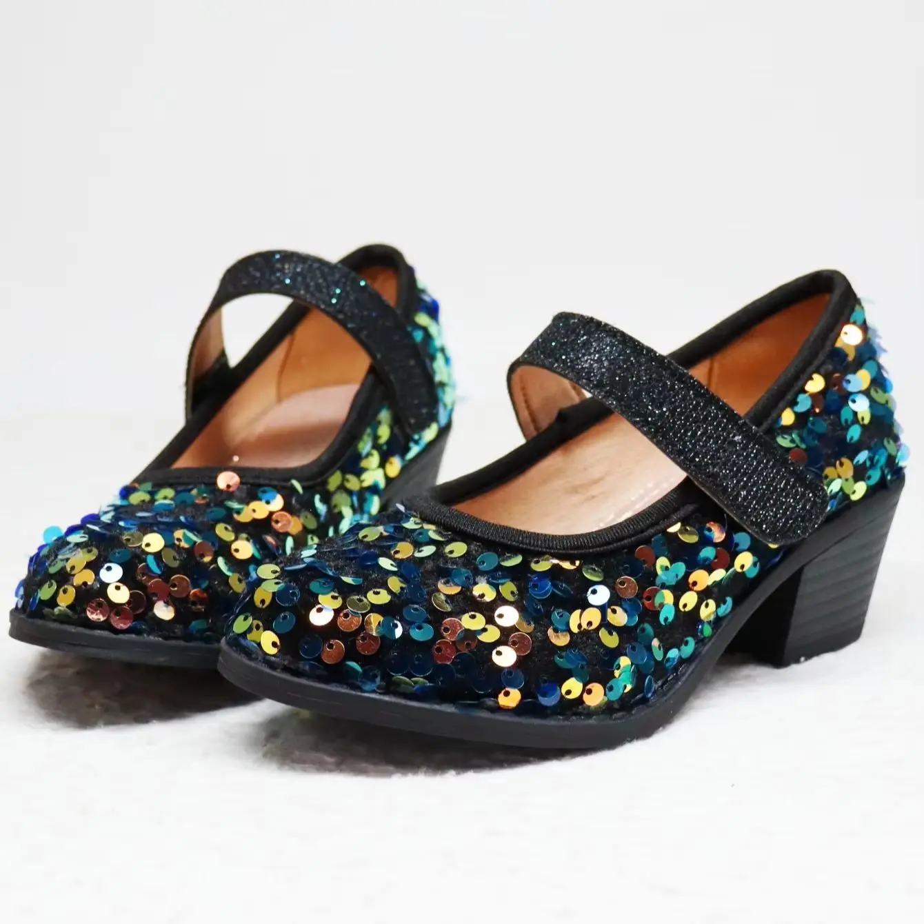Girls' Shoes Black Sequined Mary Jane High Heels Little Girl Stage Performance Catwalk Velcro Princess Shoes