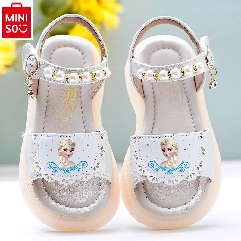 MINISO Disney Princess Elsa Printed Children's Open Toe Sandals Soft Sole Anti slip Comfortable Sweet Versatile Girls' Flats