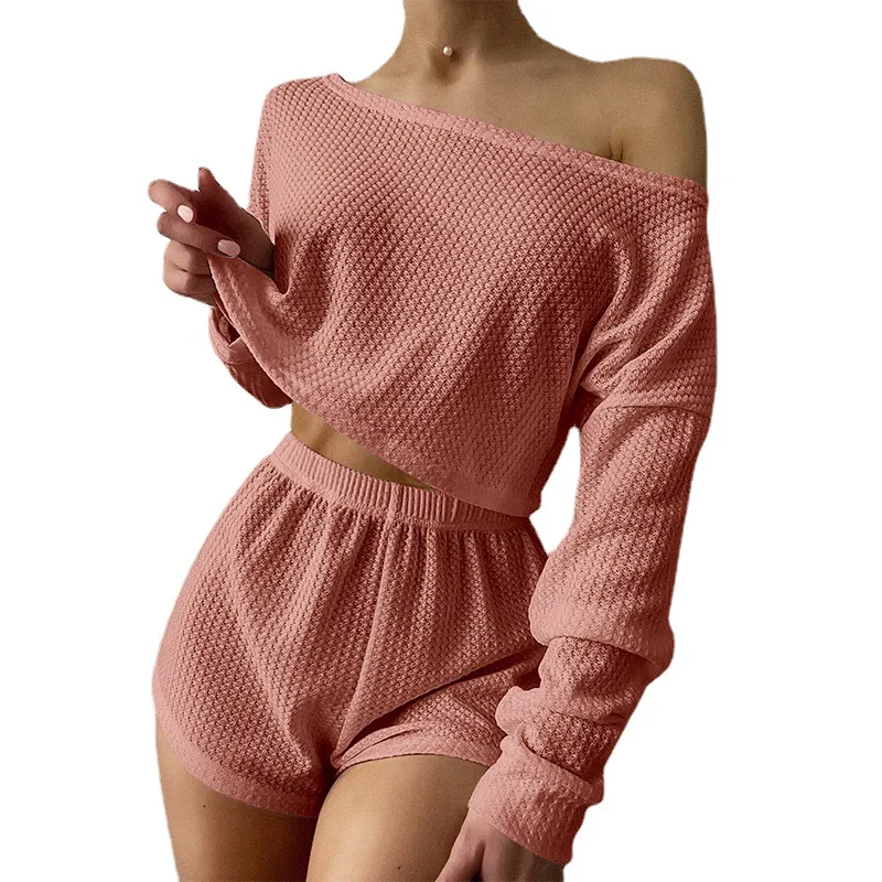 2024 Women\'s Summer Pajamas Two-piece Set One Shoulder Long Sleeve Short Top Elastic Waist Shorts Suit Casual Home Wear Suit