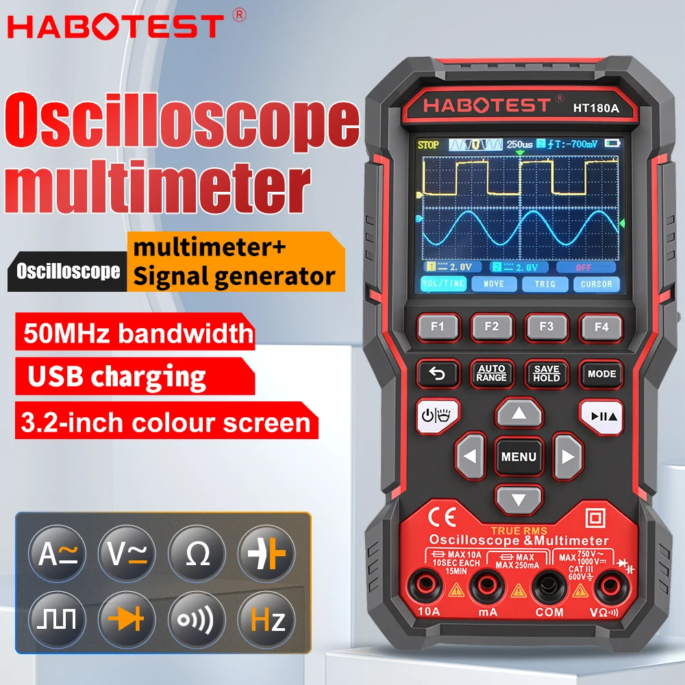 HABOTEST HT180A 50MHz Handheld Oscilloscope Multimeter Signal Generator True RMS 3.2 Inch Color Screen USB Rechargeable