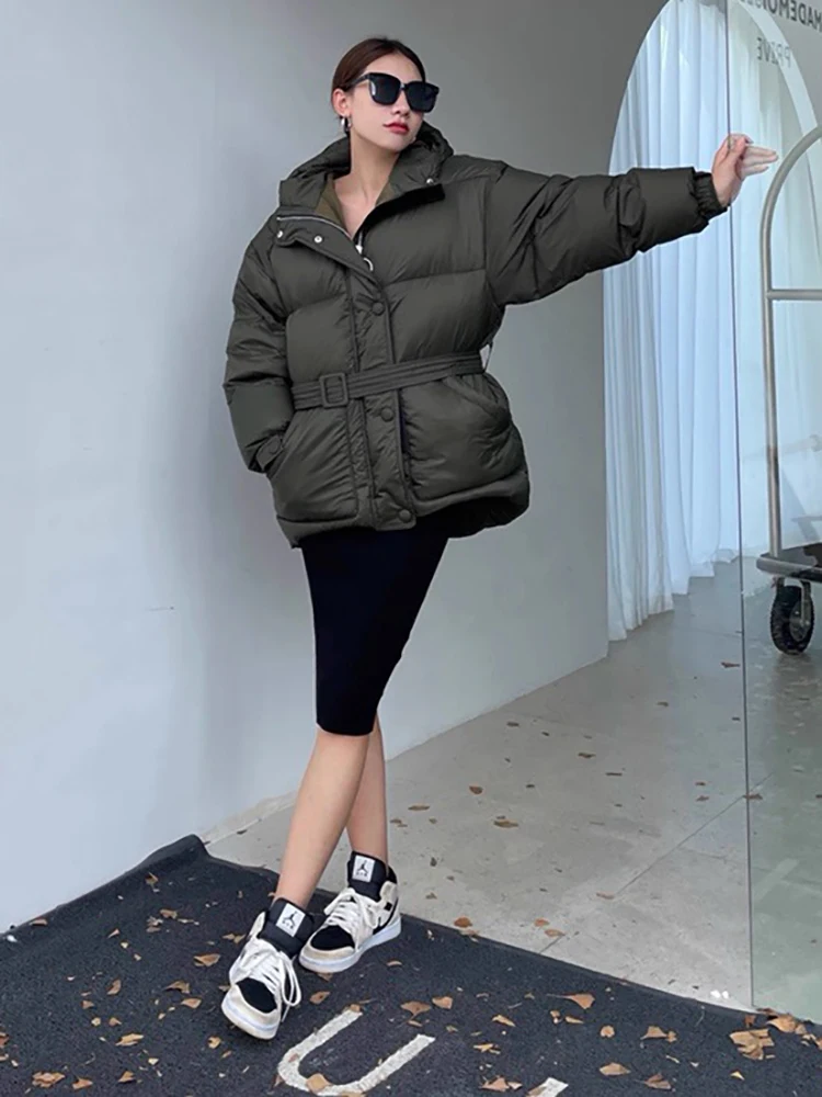 

Versatile Hooded Down Jacket for Winter Warmth White Goose Down-Filled Waist-Defining Belted Women's Down Jacket 2025 New