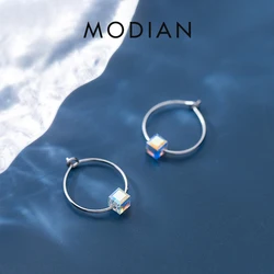 Modian Dazzling Big Square Rainbow Crystal Hoop Earrings For Women Swing Classic Hoops Ear 925 Sterling Silver Fashion Jewelry