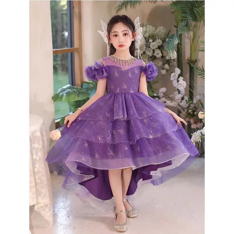 New girl purple dress sweet front short back long sweet princess dress host flower girl wedding piano performance dress
