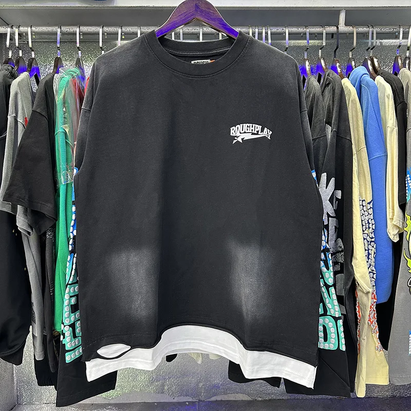 

Foam Letters Logo RoughPlay Long Sleeve T Shirt Vintage Washed Black Splicing Hem Rough Play T-Shirt Oversized Tee Top Men Women
