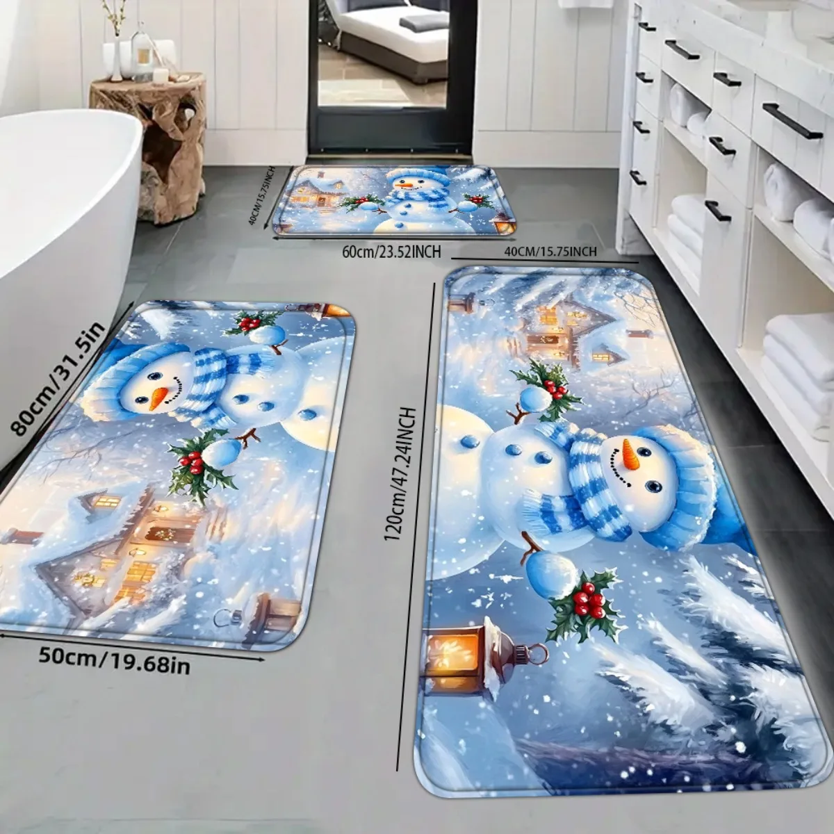 Christmas Kitchen Rugs Set Snowman Santa Xmas Print Non Slip Mat 1/2/3Pcs Options Washable Holiday Home Floor Decor