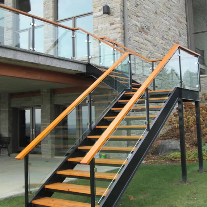 custom.Custom Wooden Steps External Terrace Stairs Outdoor Staircase Steel Structure Straight Staircase With Steel Rod Railing