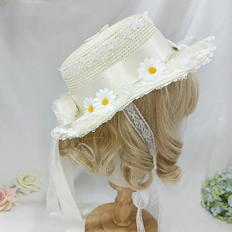 Chrysanthemum Straw Hat Bow Ribbon Sunshade Hat Lolita Girl Maid Cosplay Lace Pastoral Hat For Women Gift