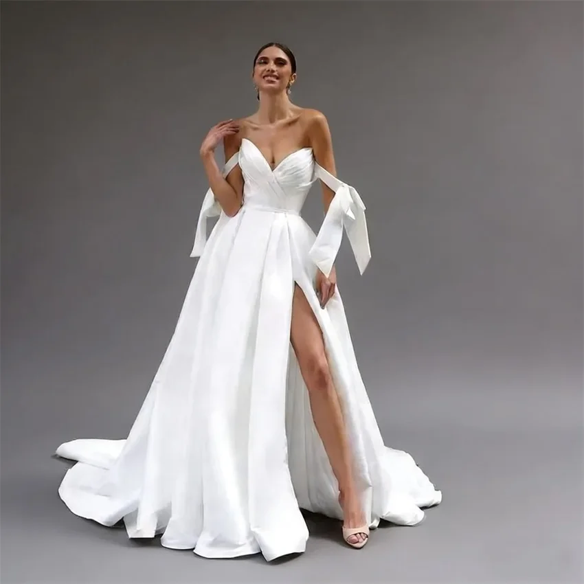 

Индивидуальные элегантные свадебные платья из атласа с вырезом «сердечко», плиссированные, с высоким разрезом, с бантом, на пуговицах, А-силуэт, для невесты