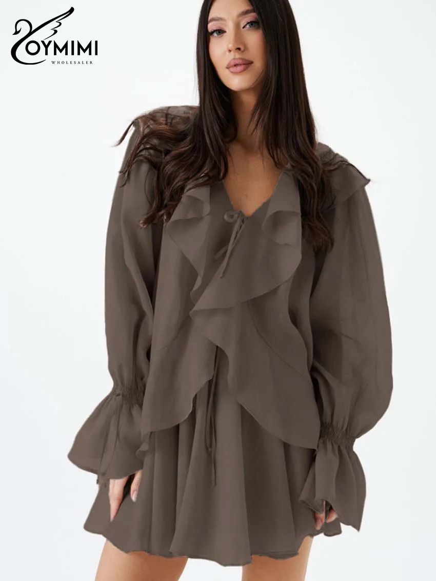 

Oymimi Women's Dark Brown Ruffled 2-Piece Set 2026 Spring V-Neck Tie Top Flounce Sleeve Mini Skirt Trendy Chic Casual Outfit