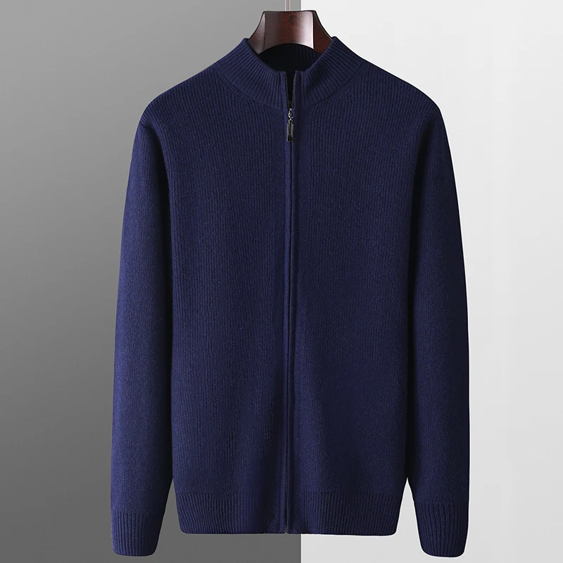 Outono e inverno 100% lã com zíper cardigan masculino meia gola alta suéter grosso cor sólida casual solto jaquetas de malha de caxemira