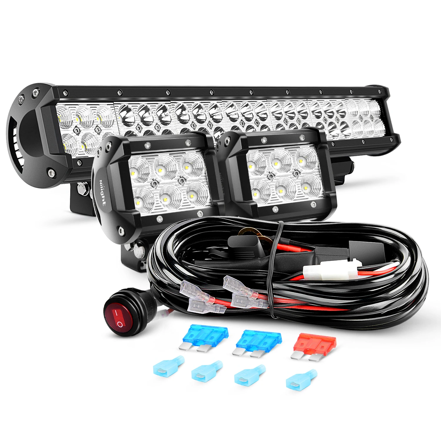 Nilight 20Inch 126W Spot Flood Combo Off Road Led Light Bar 2PCS 18w 4Inch LED Pods With 16AWG Wiring Harness Kit-3 Lead For Tractor