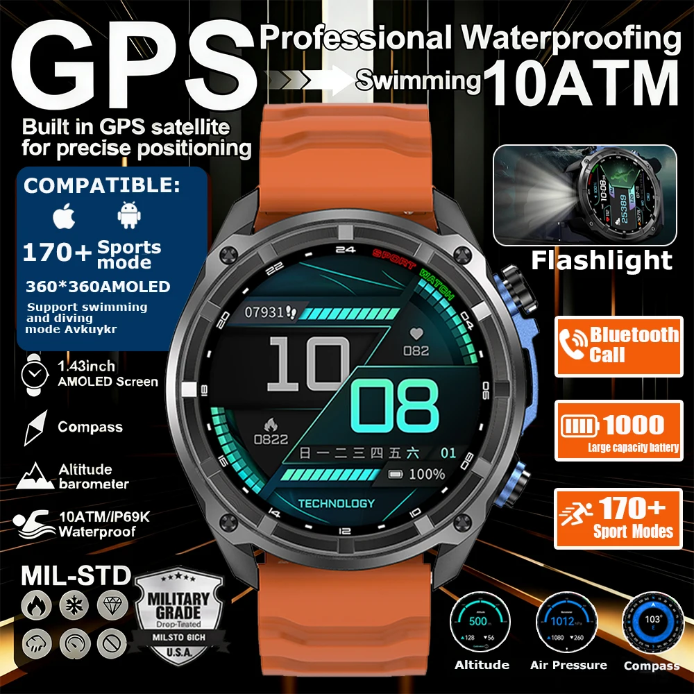 2025 جديد في الهواء الطلق العسكرية T-Rex3 GPS SmartWatch 10ATM مقاوم للماء ساعة السباحة المدمج في نظام تحديد المواقع البوصلة مكالمة صوتية سوار رياضي الرجال