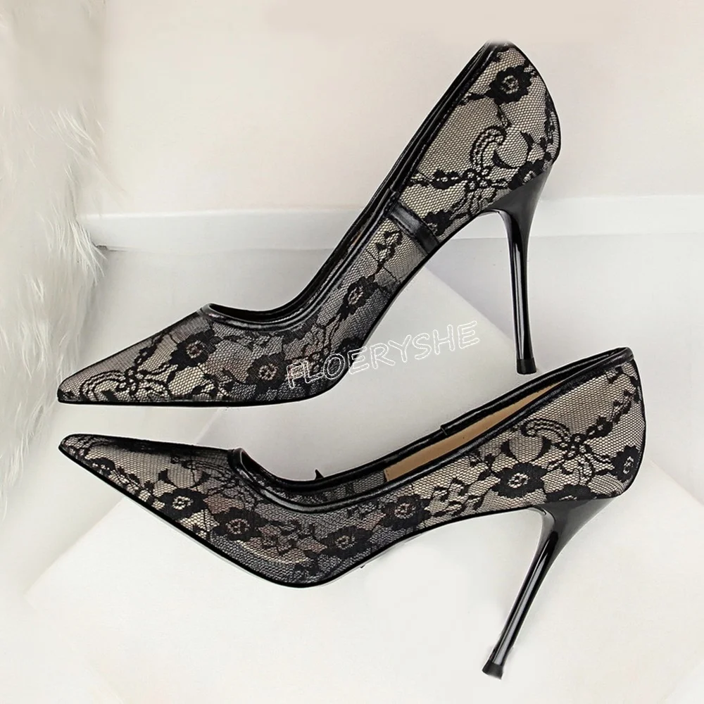 

Black Hollow Lace Stiletto Pumps Summer New Arrival Solid Women Pointed Toe Thin High Heel Party Fashion Sexy Weeding Shoes