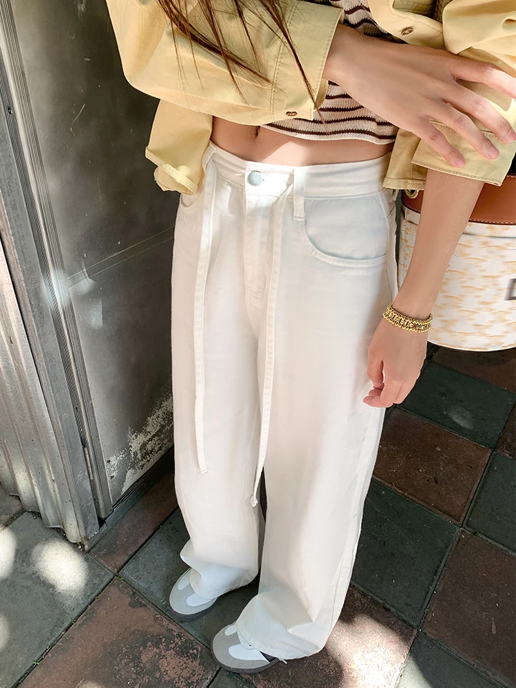 

Прямые обтягивающие широкие джинсы с высокой талией, женские новые весенние белые универсальные длинные брюки, закрывающие бедра, повседневные длинные брюки